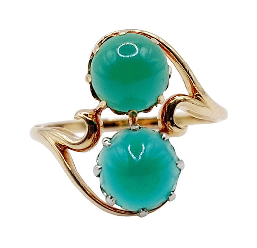 Bague 53 Bague toi et moi vintage or jaune cabochons de chrysoprases 58 Facettes A05751