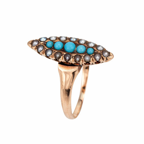 Bague Bague Navette Victorienne Antique avec Perle Turquoise en Or Jaune 10 carats Taille 5,75 58 Facettes G12477