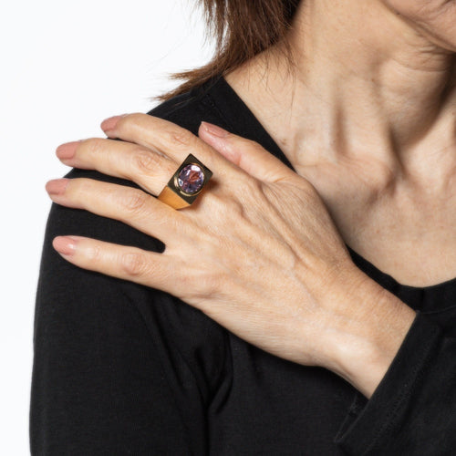 Bague 53 Bague carrée en kunzite des années 70, anneau lourd, vintage, or jaune 14 carats 58 Facettes G13895