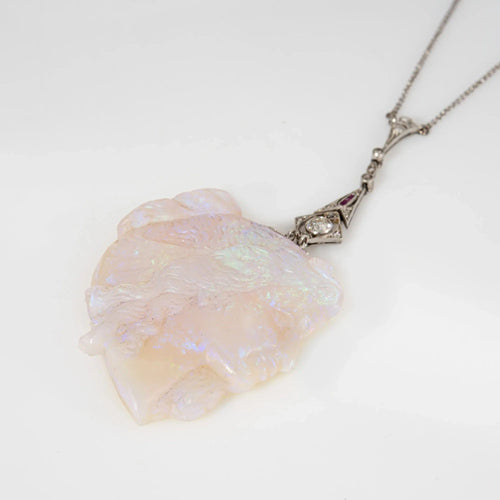 Collier Collier antique édouardien en opale sculptée avec camée et diamants en platine, ras du cou de 15 pouces 58 Facettes G13707