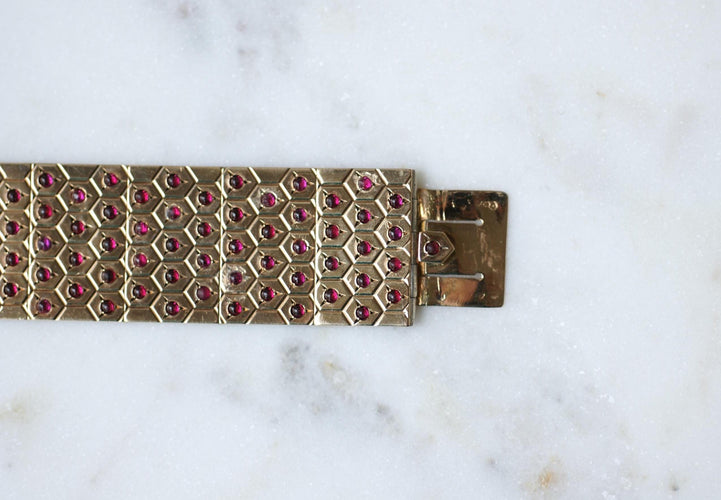Bracelet Bracelet Ruban Art Déco, Rubis sur Or Rose et Argent 58 Facettes