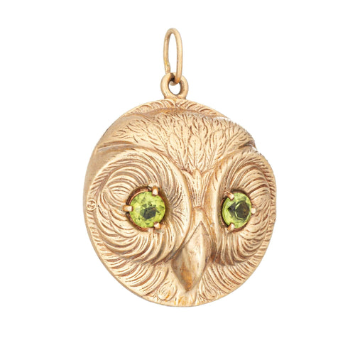 Pendentif Pendentif hibou vintage Art déco en or jaune 14 carats, yeux péridot, bijoux fins 58 Facettes G14033