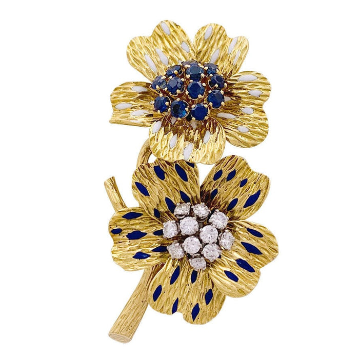 Broche Clip Boucheron "Fleurs", or jaune, émaux, diamants et saphirs. 58 Facettes 33915