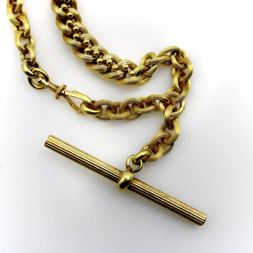 Montre Collier chaîne de montre de poche victorienne en or 14 carats avec barre en T 58 Facettes
