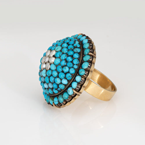 Antique Victorian Ring Turquoise Pearl Dome Yellow Gold Conversion Jewelry 7.25 58 Facettes G14117