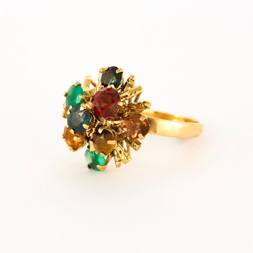 Bague Cocktail or jaune citrine spinelle oeil de tigre saphir