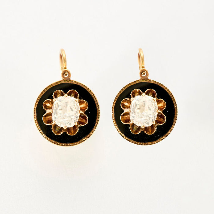 Boucles d'oreilles Paire de dormeuses Napoléon III Or Jaune Email Noir Pierres Blanches 58 Facettes