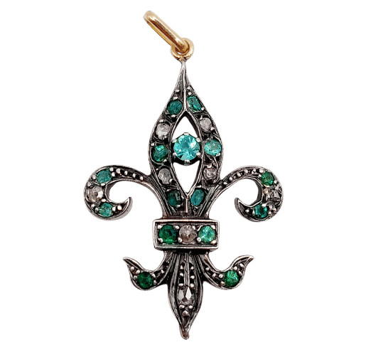 Pendentif Pendentif antique fleur de lys en or rose 18k et argent, émeraudes et diamants 58 Facettes A06351