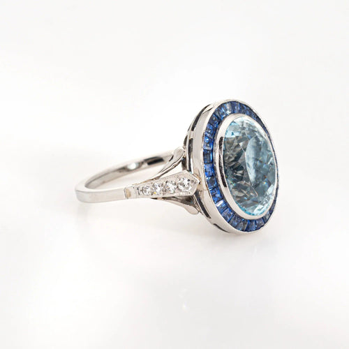 Bague Bague de fiançailles en platine avec saphir aigue-marine de 5,25 ct et diamants, 6 bijoux 58 Facettes G13367