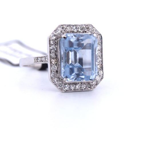 Bague 55 BAGUE EN OR BLANC 18 KT - AIGUE-MARINE ET DIAMANTS - ART DÉCO' 58 Facettes