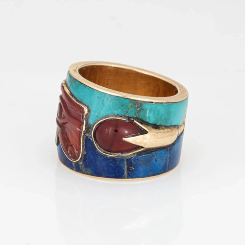 Bague 57 Bague Oeil d'Horus bande or jaune Lapis Turquoise 58 Facettes G13619