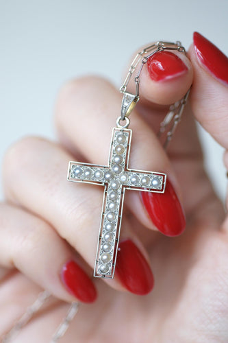 Pendentif Pendentif Croix Art Déco Perles et Diamants 58 Facettes