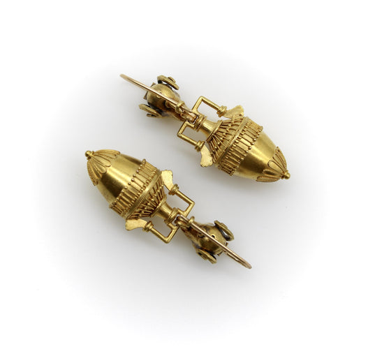 Boucles d'oreilles cannetille en or 14 carats, tête de bélier et amphore, style néo-étrusque