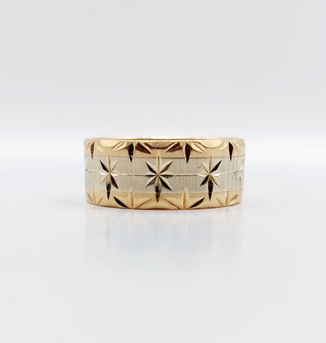 Bague 56 Large bague jonc alliance or rose et gris ciselée de motifs étoilés 58 Facettes A05173