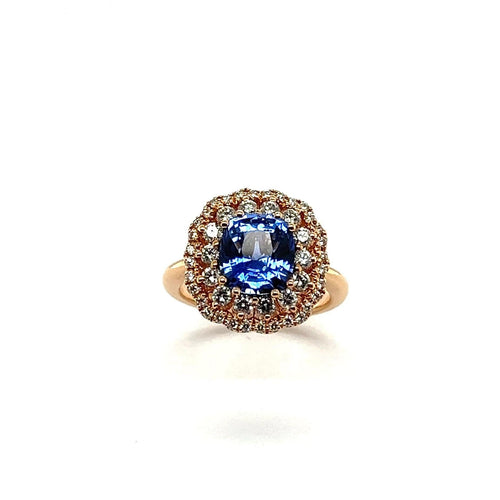 Bague 54 Bague en or rose 18 carats avec saphir bleu de Ceylan taille coussin et diamants 58 Facettes