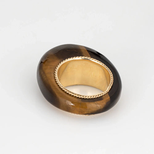 Bague Bague dôme œil de tigre vintage des années 70, or jaune 14 carats, taille 5, bijoux fins Estate 58 Facettes G13584