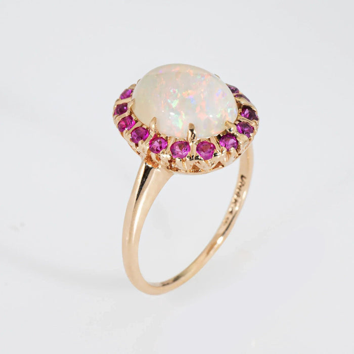 Bague Opal Ruby Ring Vintage 14k Yellow Gold Sz 4.75 Oval Cocktail Estate Jewelry 58 Facettes G13645