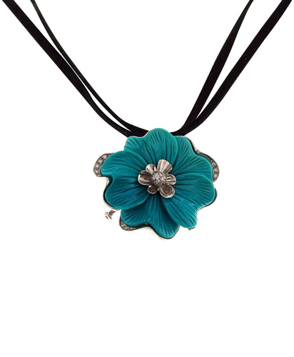 Pendentif Broche-Pendentif en or blanc, Turquoise « Rose » Iran, Diamants naturels 58 Facettes HG-200173
