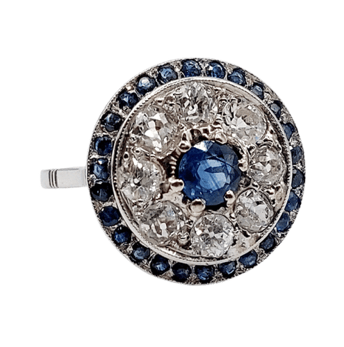 Bague 51 Bague cible art déco en platine, saphir et diamants taille ancienne 58 Facettes A06489