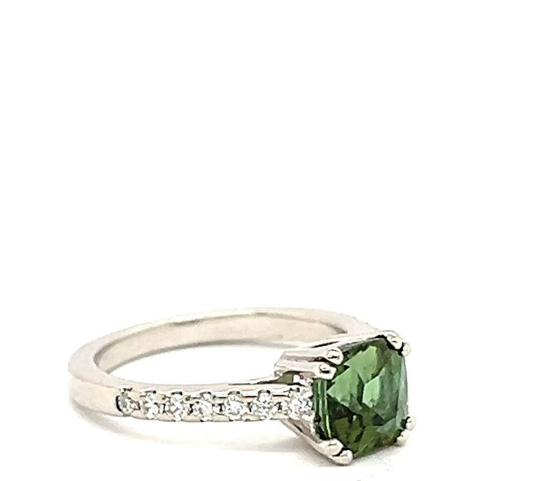 Bague Or Blanc 18 Carats Tourmaline Taille Coussin et Diamants