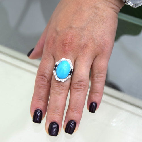 Bague Bague en or blanc avec turquoise et onyx 58 Facettes