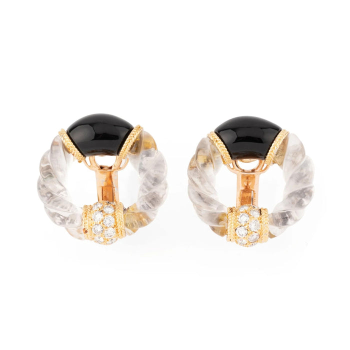 Boucles d'oreilles Boucheron - Boucles d'oreille Or Jaune, Onyx, Cristal de Roche et Diamants 58 Facettes 1