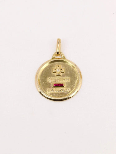 Pendentif Médaille amour Augis ronde Plus qu'hier moins que demain or jaune diamant rubis 58 Facettes J506