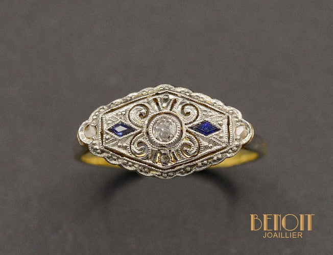 Bague 53 Bague Art Déco Losange Diamants et Saphirs 58 Facettes A10444