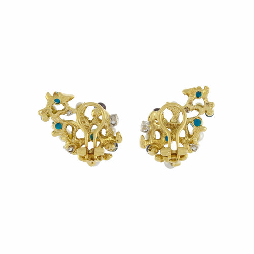 Boucles d'oreilles Clips d'Oreilles Gilbert Albert Turquoises Diamants Perles Or jaune 18 carats 58 Facettes BS154