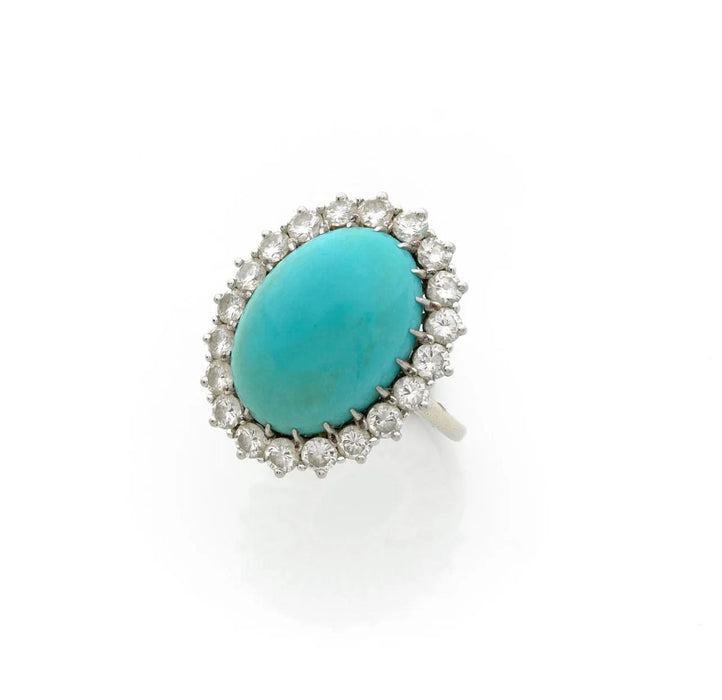 Bague 57 Bague pompadour cabochon turquoise diamants platine or blanc 58 Facettes B338