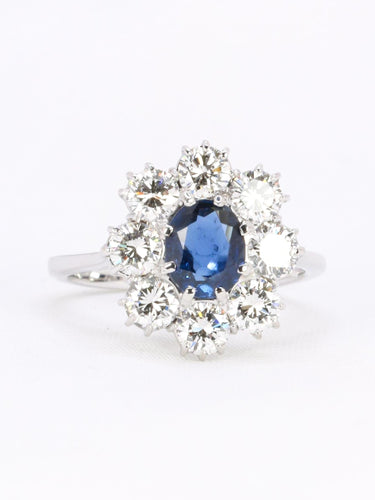 Bague 54 Bague marguerite or blanc, saphir ovale et diamants 58 Facettes 1034.12