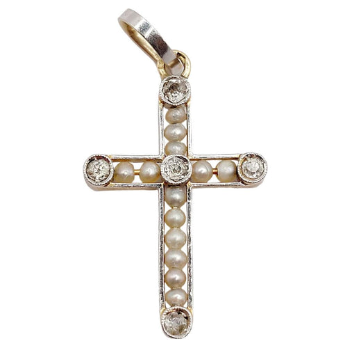 Pendentif Pendentif croix Art Déco or, diamant taille ancienne, diamant taille roses et perles (circa 1920) 58 Facettes A05200