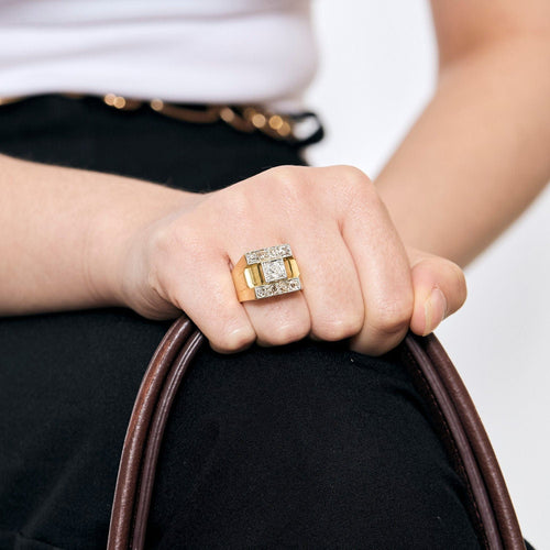 Bague 57 Bague tank or jaune et gris, diamants 58 Facettes ALE42293