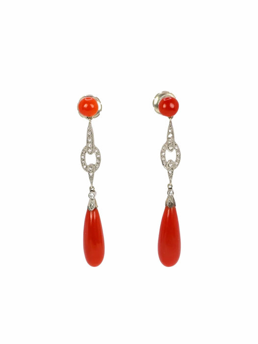 Boucles d'oreilles pendantes Art Deco corail rouge diamants taille rose