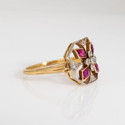 Bague Bague ancienne édouardienne en or jaune 18 carats avec rubis et diamants, taille 6,5, bijoux en platine 58 Facettes G13951