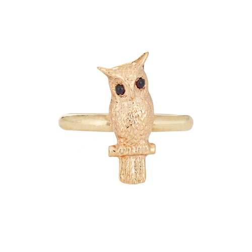 Bague 53 Owl Ring Vintage Yellow Gold Garnet Eyes 58 Facettes G12687