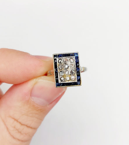 Bague marquise art deco or blanc 18k diamants et saphirs calibrés (circa 1920)