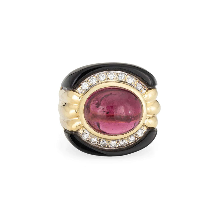 Bague 56 Bague en or vintage avec diamants, onyx et tourmaline rose 58 Facettes G13596