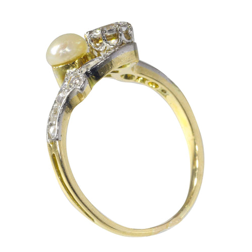 Vintage Belle Epoque diamond and pearl romantic toi-et-moi engagement ring