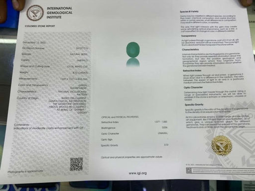 Gemstone Emeraude 8.70cts non traité certificat IGI 58 Facettes 516