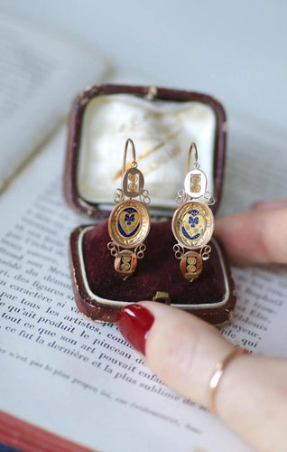 Boucles d'oreilles Boucles d'oreilles poissardes coeur et fleur émail sur or rose et jaune 58 Facettes