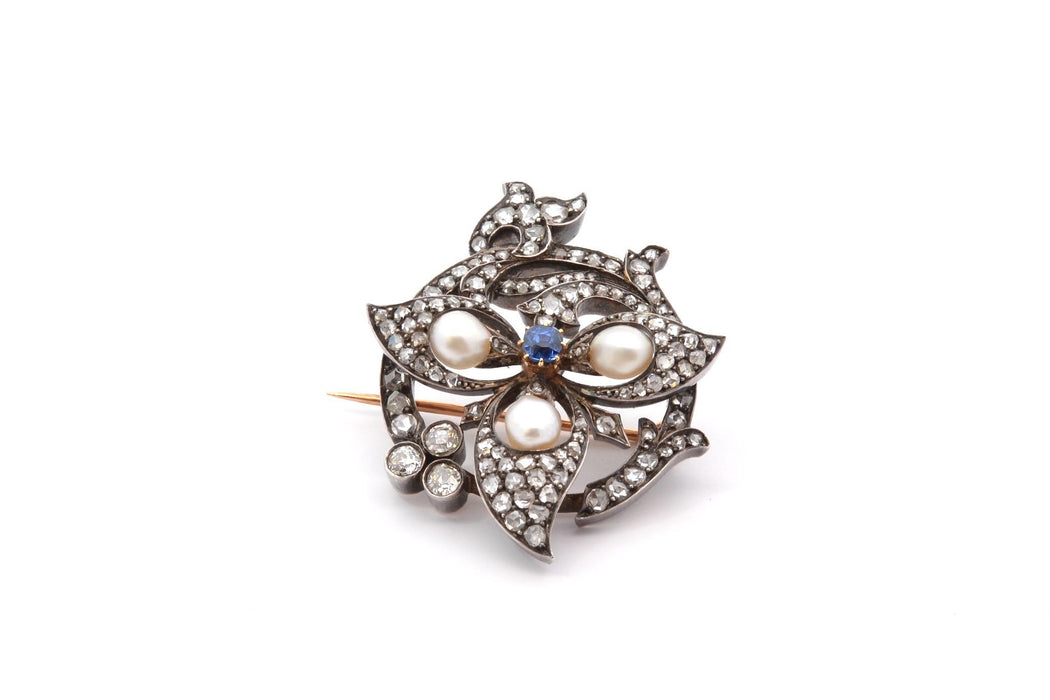 Broche 1900 or jaune et blanc perles fines, saphir et diamants