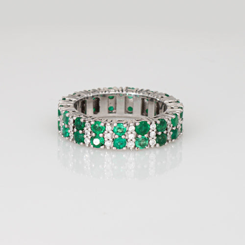 Bague 54 Bague d'éternité en platine à double rangée de diamants et d'émeraude 58 Facettes G14116
