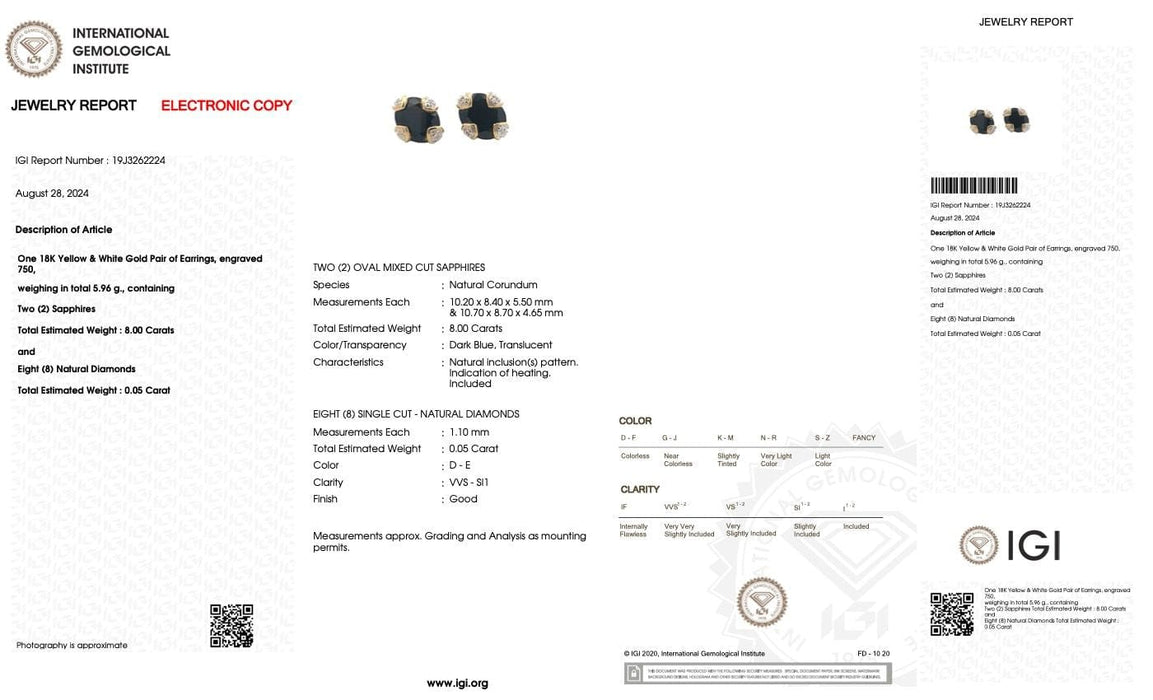 Clous d'oreilles or certifiés IGI avec saphirs et diamants