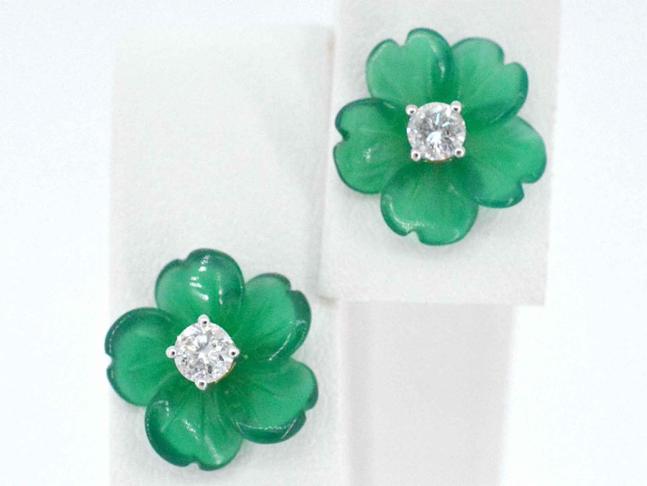 Boucles d'oreilles en or 0,18 carat avec fleur précieuse verte et gros diamants