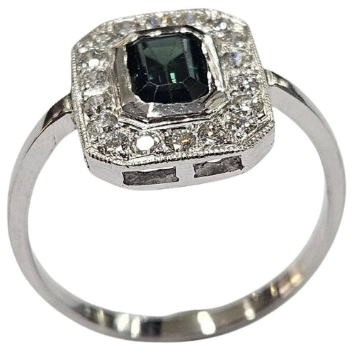 Bague 56.5 Bague Art Déco en platine avec saphir vert naturel et diamants 58 Facettes Q391B