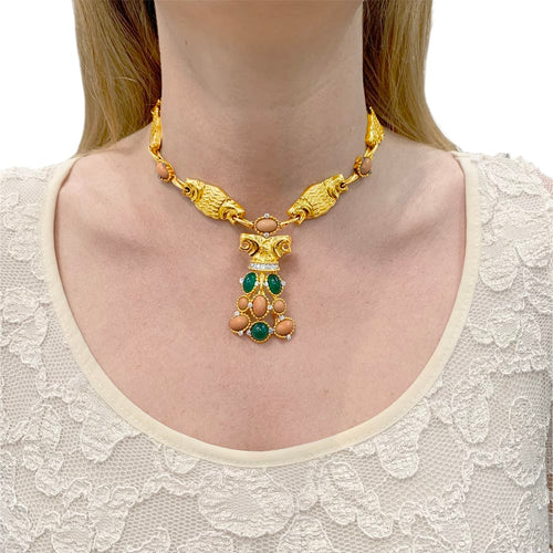 Boucles d'oreilles Demi-parure "Lions" transformable, or jaune, diamants, corail, chrysoprase. 58 Facettes 35286