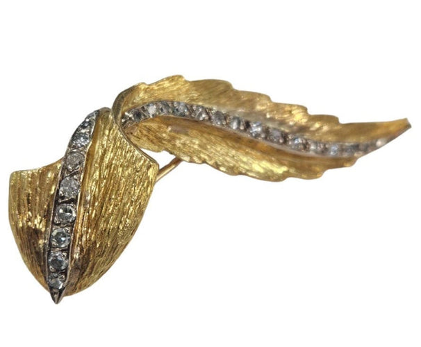 Broche plume Masriera, années 1950, or jaune et blanc, diamants