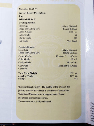 Bague solitaire or blanc, diamant 0,98 carat et certifcat AIG 58 Facettes A06225