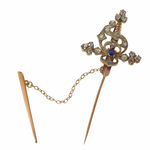 Broche Broche vintage en forme d'épée sertie de diamants et d'un saphir 58 Facettes 21309-0733